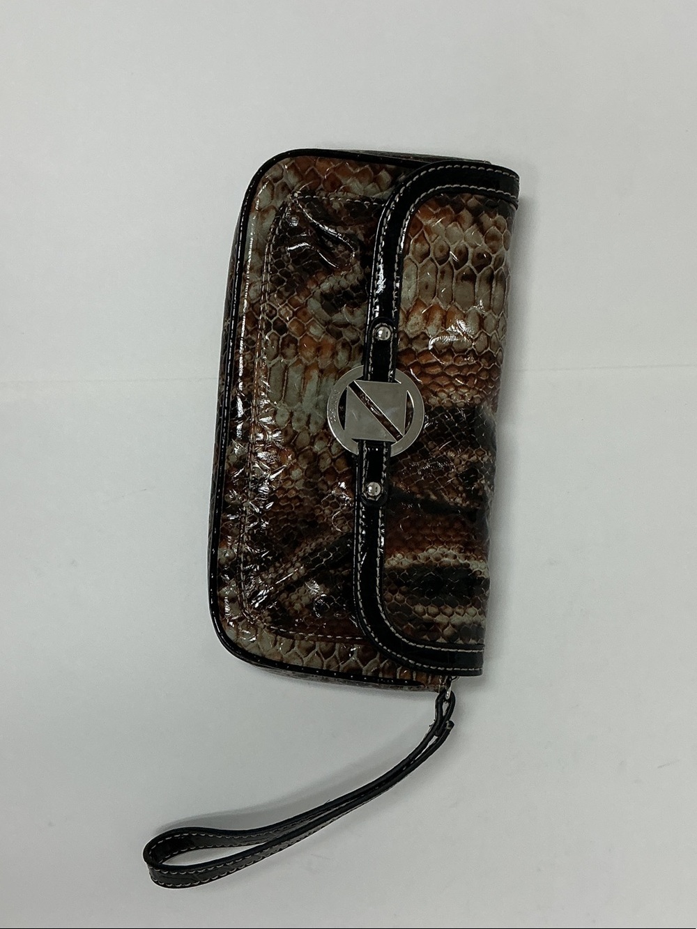 Nine & Co. Brown Snake-Print Phone Wristlet with Black Trim